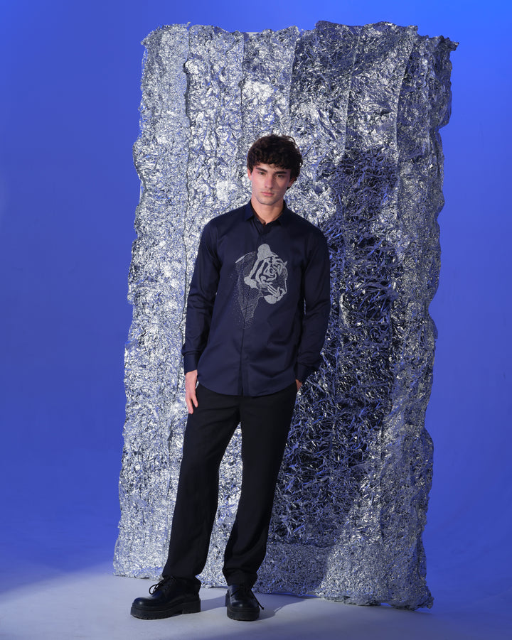 NAVY BLUE SHIRT WITH HAND EMBROIDERED SILVER POTH CENTER TIGER FACE