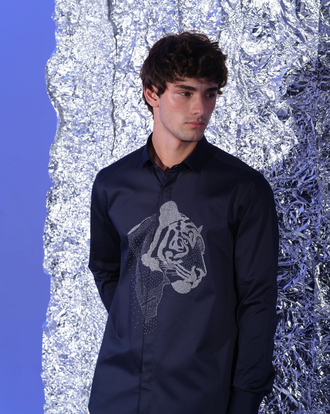 NAVY BLUE SHIRT WITH HAND EMBROIDERED SILVER POTH CENTER TIGER FACE