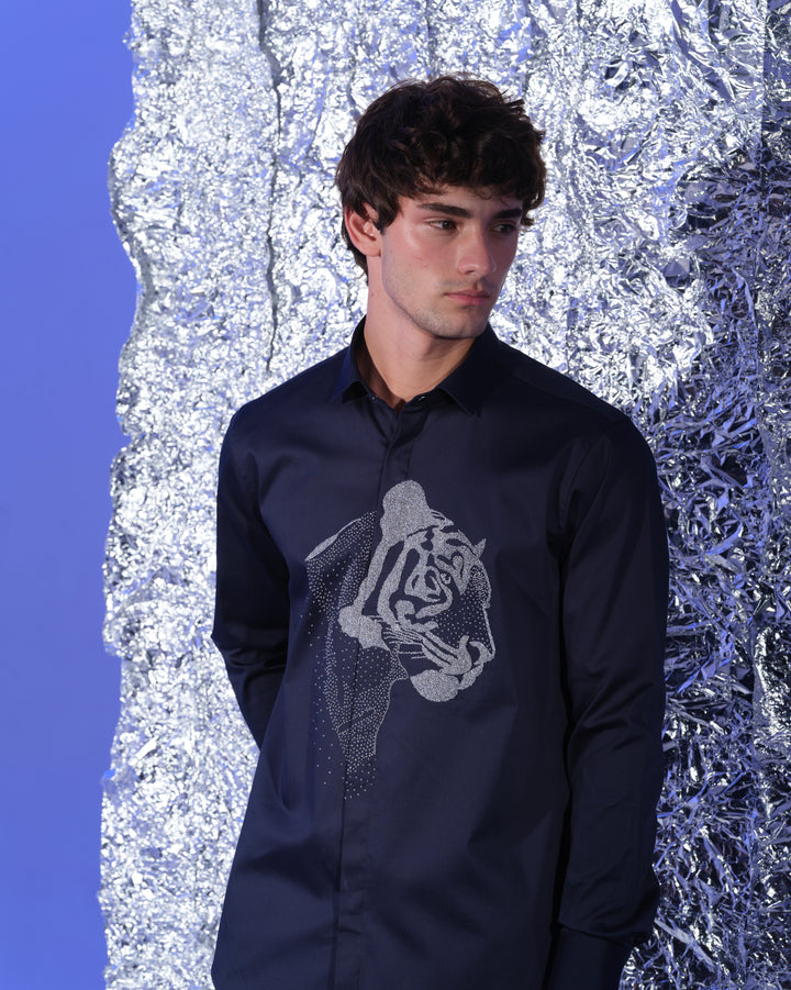 NAVY BLUE SHIRT WITH HAND EMBROIDERED SILVER POTH CENTER TIGER FACE