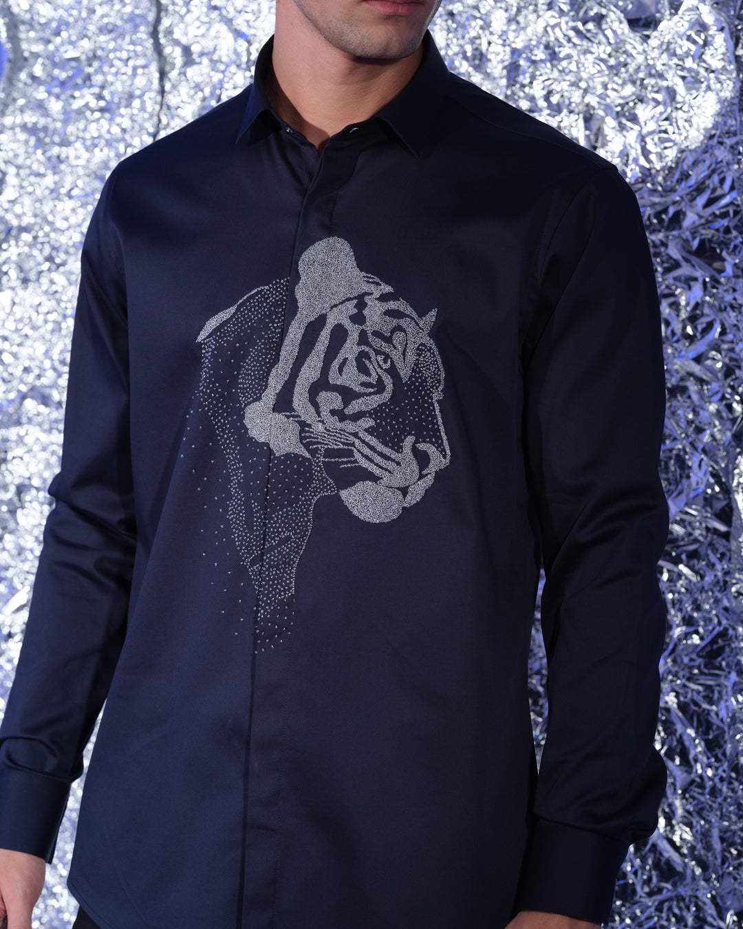 NAVY BLUE SHIRT WITH HAND EMBROIDERED SILVER POTH CENTER TIGER FACE