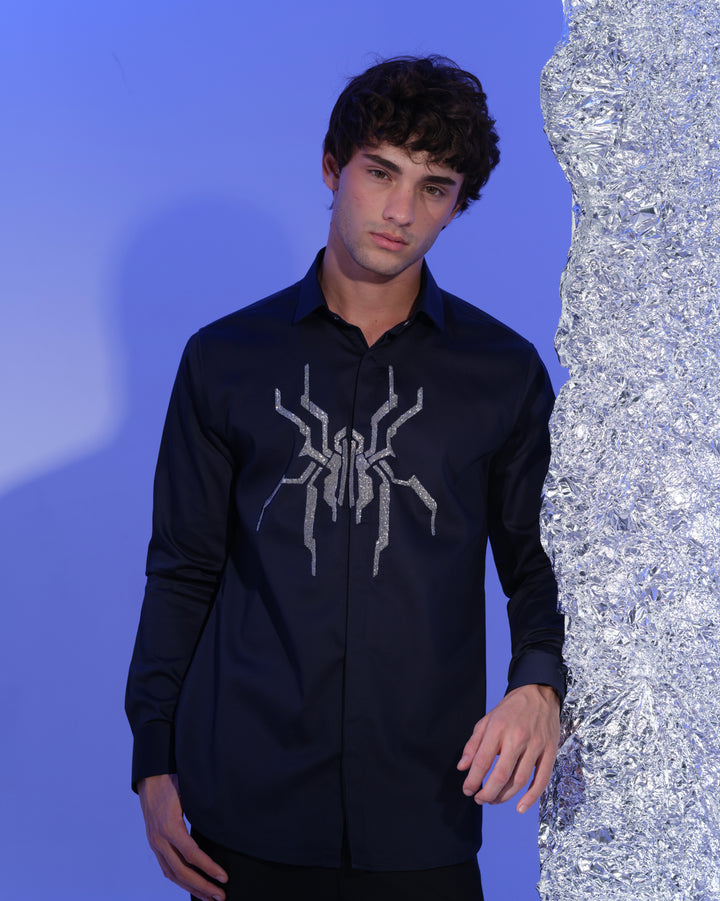 NAVY BLUE SHIRT WITH HAND EMBROIDERED SILVER CUTDANA CENTER SPIDER