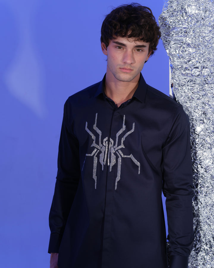 NAVY BLUE SHIRT WITH HAND EMBROIDERED SILVER CUTDANA CENTER SPIDER