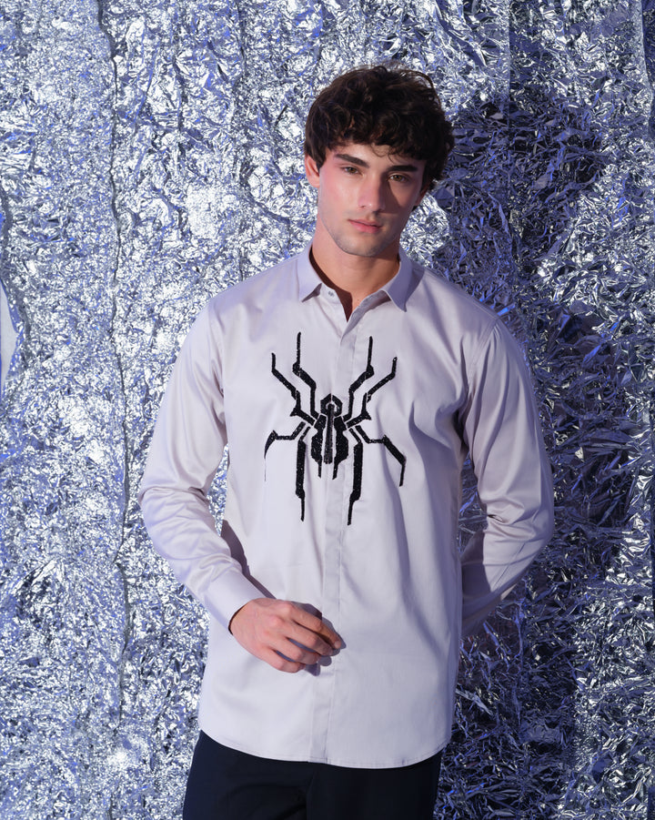 GREY SHIRT WITH HAND EMBROIDERED BLACK CUTDANA CENTER SPIDER