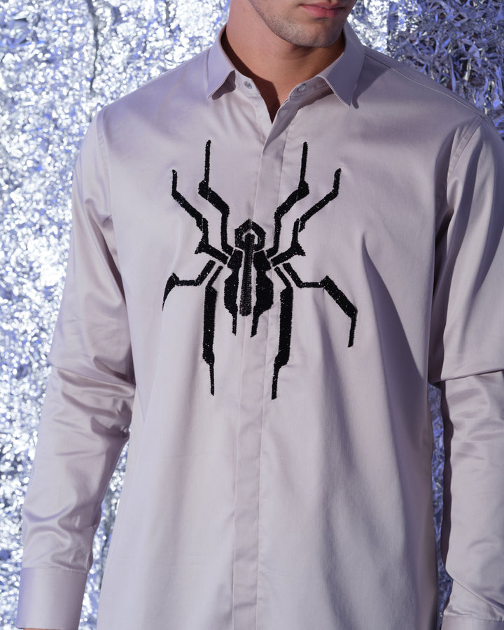 GREY SHIRT WITH HAND EMBROIDERED BLACK CUTDANA CENTER SPIDER