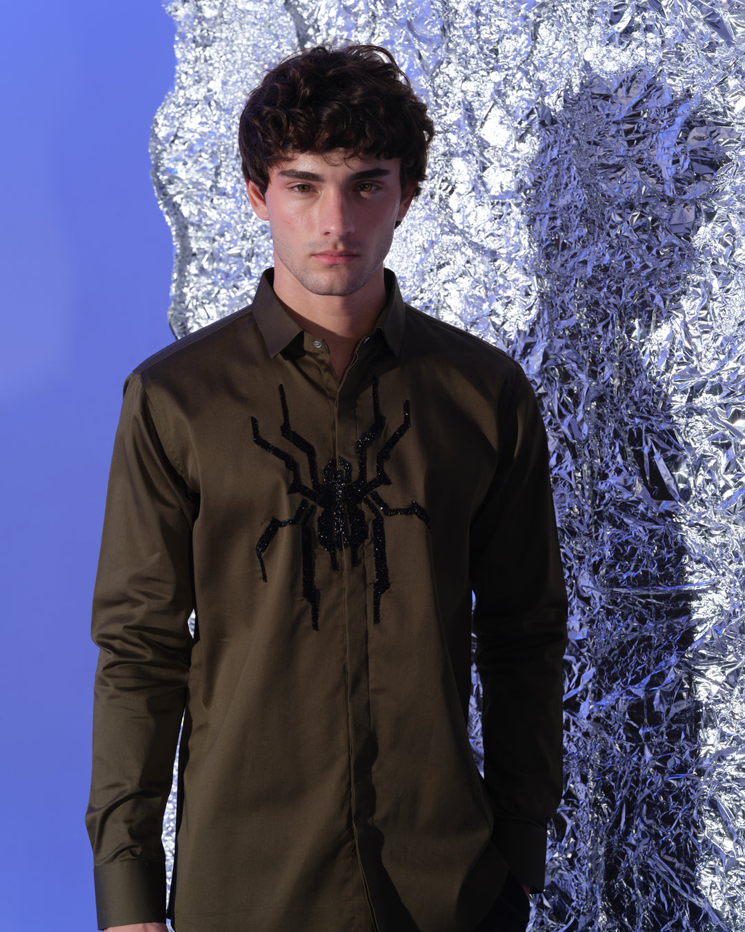 OLIVE GREEN SHIRT WITH HAND EMBROIDERED BLACK CUTDANA CENTER SPIDER