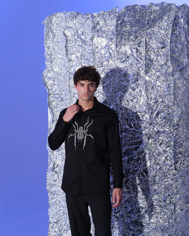 BLACK SHIRT WITH HAND EMBROIDERED SILVER CUTDANA CENTER SPIDER