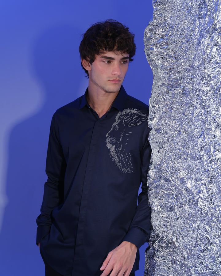 NAVY BLUE SHIRT WITH HAND EMBROIDERED SILVER SHOULDER LION FACE