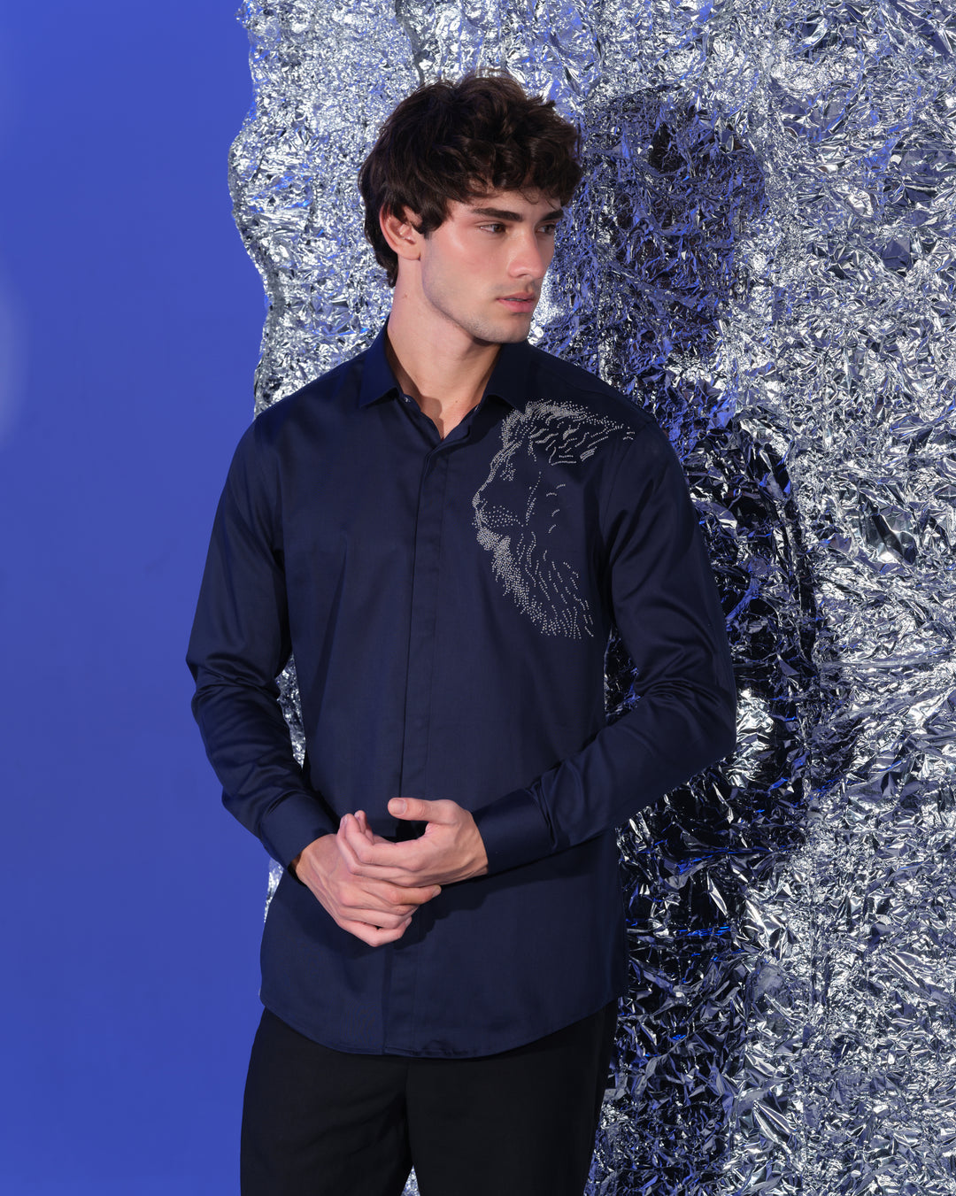 NAVY BLUE SHIRT WITH HAND EMBROIDERED SILVER SHOULDER LION FACE