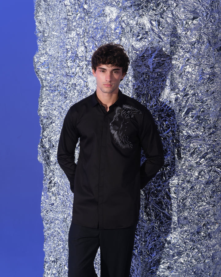 BLACK SHIRT WITH HAND EMBROIDERED SILVER SHOULDER LION FACE
