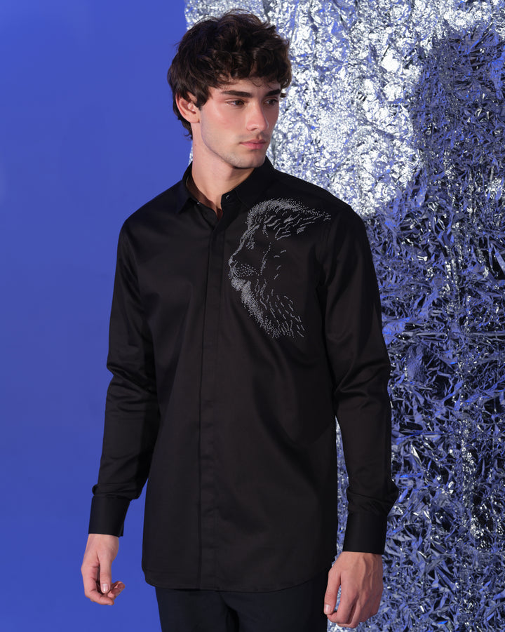 BLACK SHIRT WITH HAND EMBROIDERED SILVER SHOULDER LION FACE