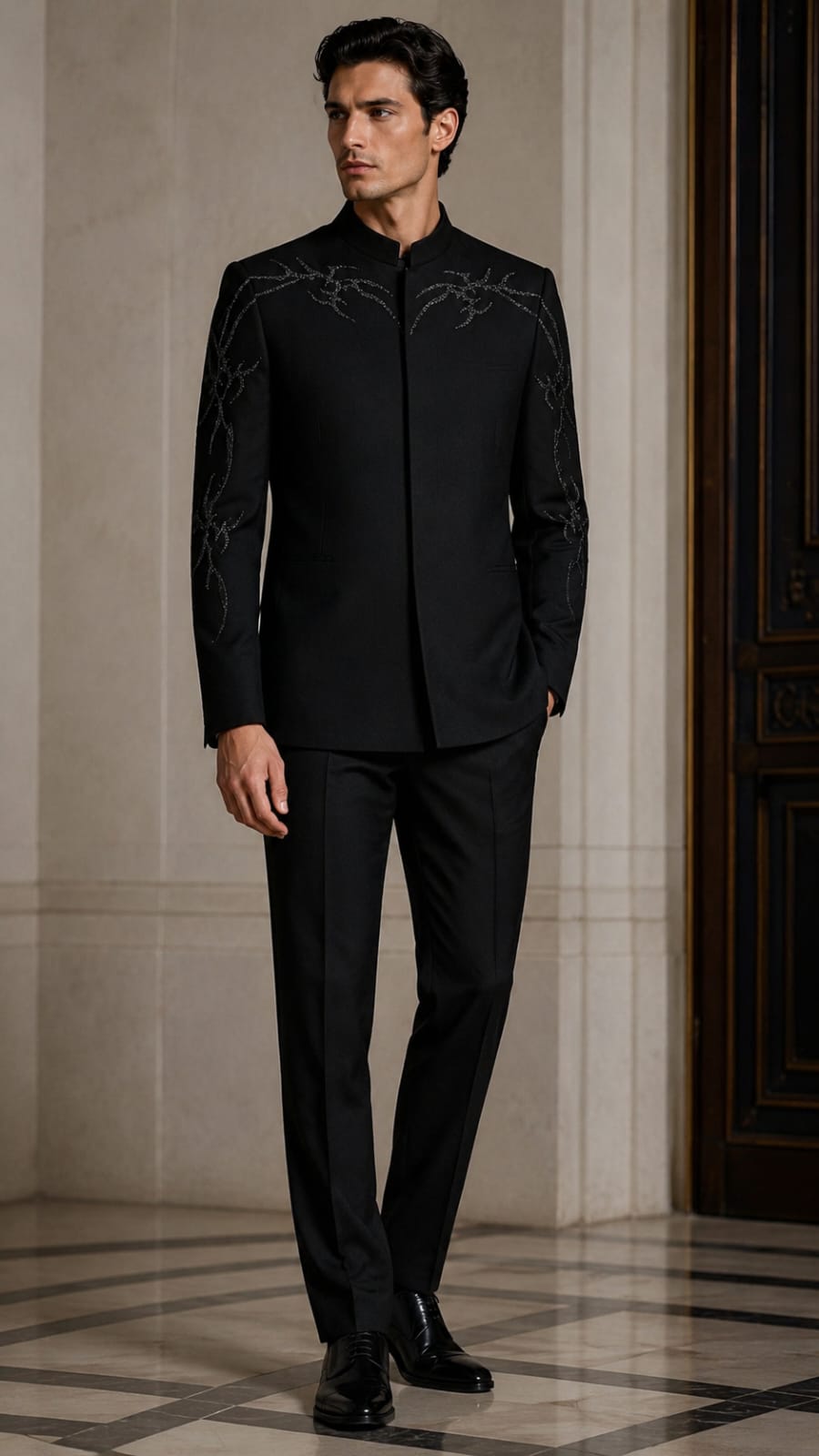 BLACK GOTHIK EMBELLISHMENT ON SHOULDER AND SLEEVES  ON BLACK BANDHGALA SET