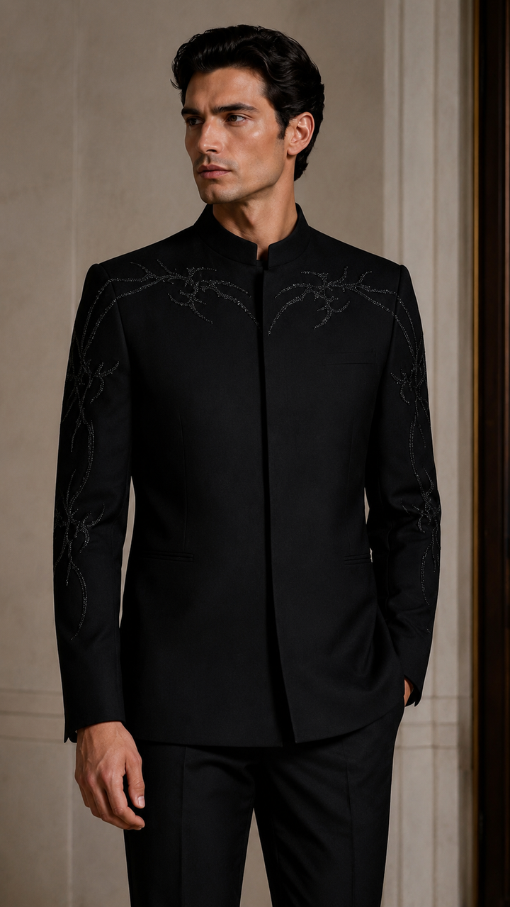 BLACK GOTHIK EMBELLISHMENT ON SHOULDER AND SLEEVES  ON BLACK BANDHGALA SET