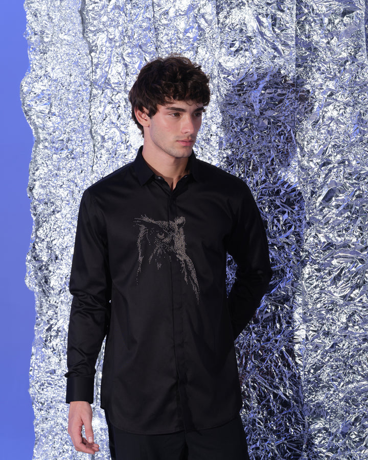 BLACK SHIRT WITH HAND EMBROIDERED SILVER POTH CENTER OWL