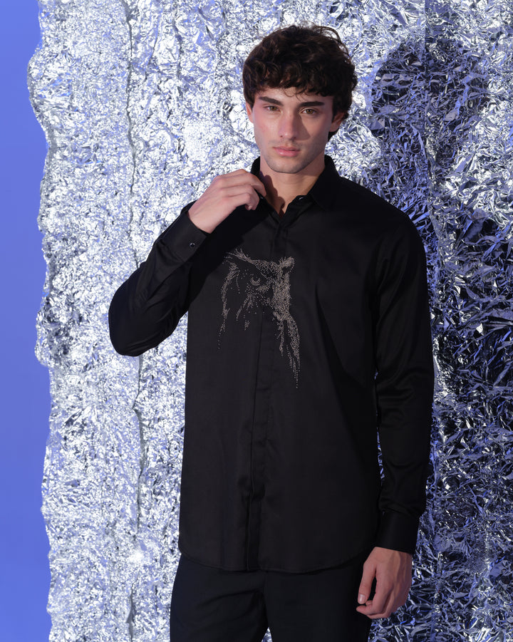BLACK SHIRT WITH HAND EMBROIDERED SILVER POTH CENTER OWL