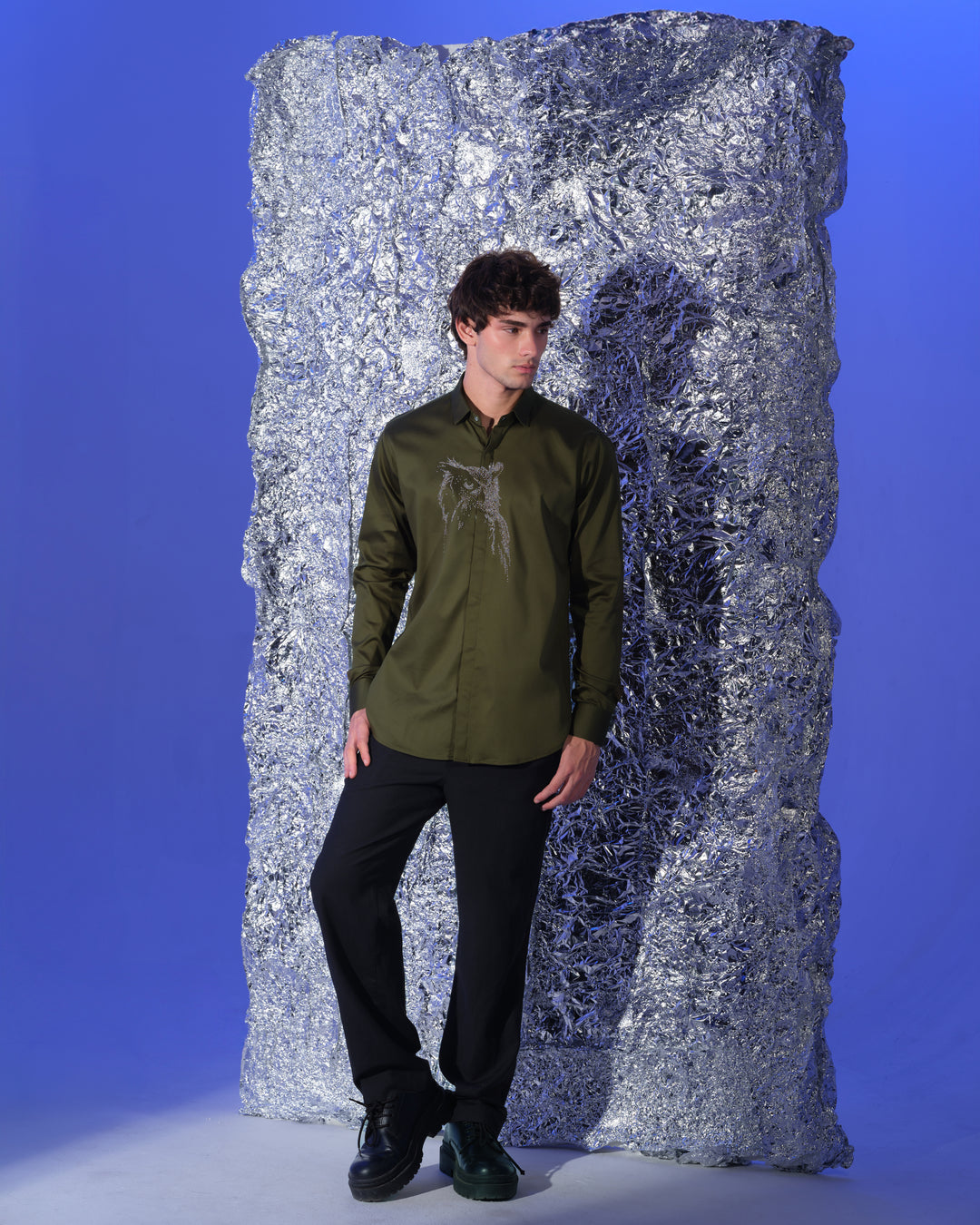 OLIVE GREEN SHIRT WITH HAND EMBROIDERED SILVER POTH CENTER OWL