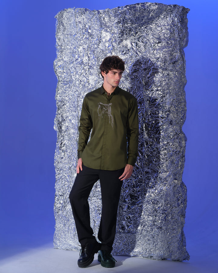 OLIVE GREEN SHIRT WITH HAND EMBROIDERED SILVER POTH CENTER OWL