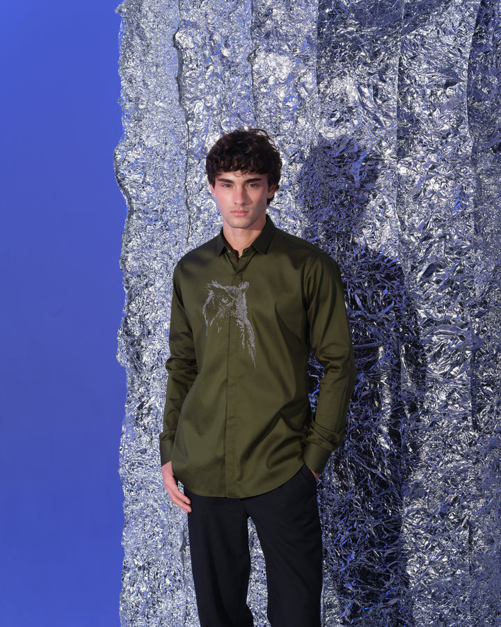 OLIVE GREEN SHIRT WITH HAND EMBROIDERED SILVER POTH CENTER OWL