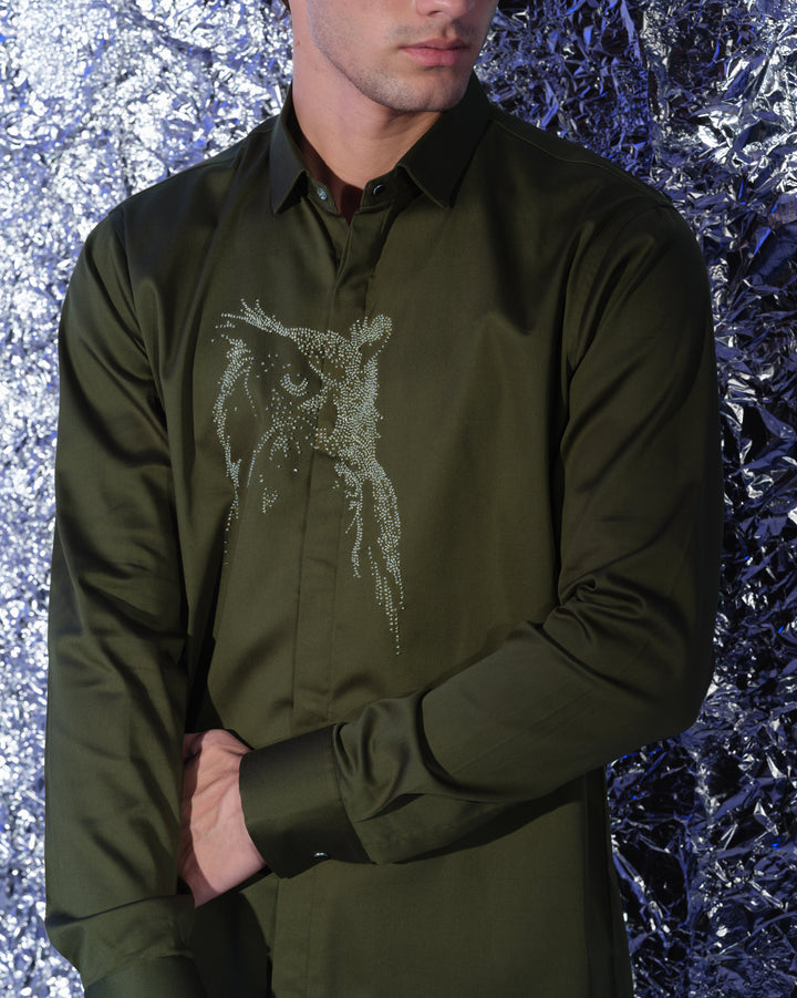 OLIVE GREEN SHIRT WITH HAND EMBROIDERED SILVER POTH CENTER OWL