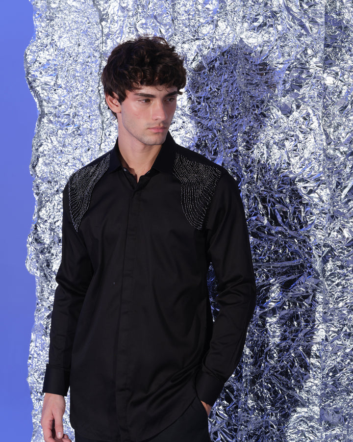 BLACK SHIRT WITH HAND STANDING SALLY AND POTH  EMBROIDERED 3D SHOULDER WEAVES