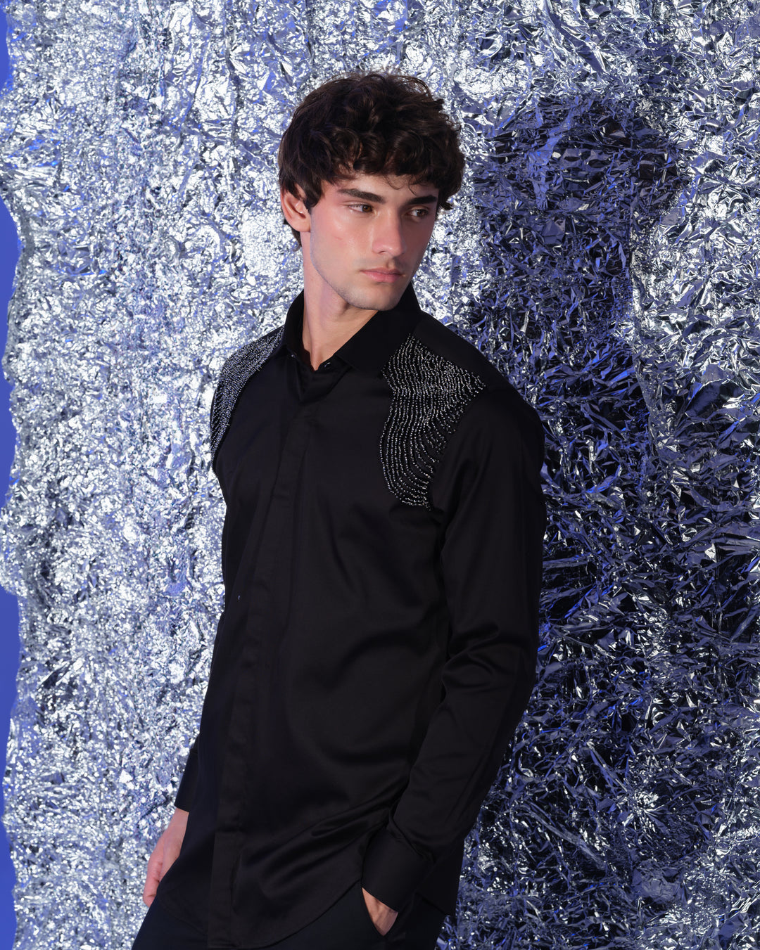 BLACK SHIRT WITH HAND STANDING SALLY AND POTH  EMBROIDERED 3D SHOULDER WEAVES