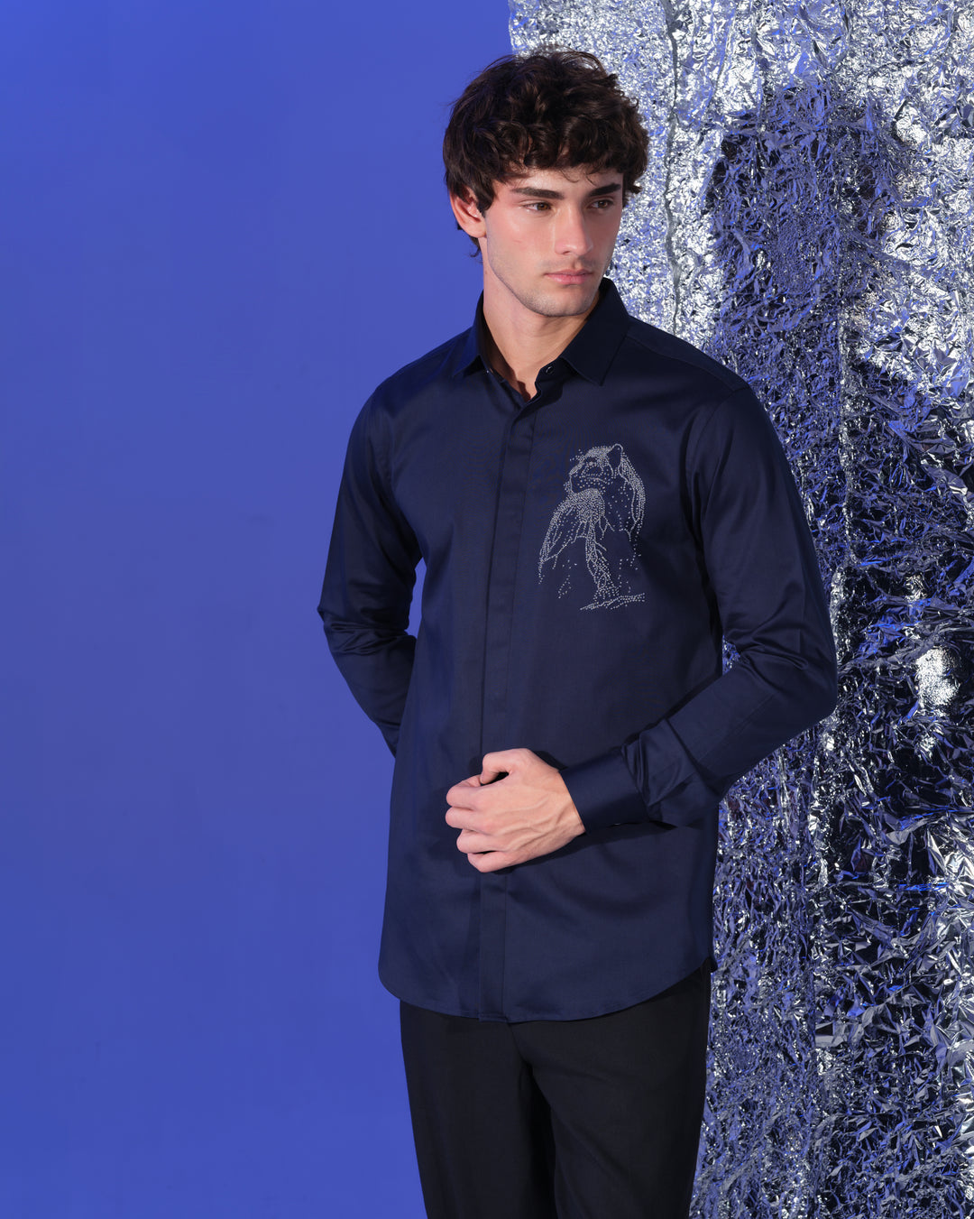 NAVY BLUE SHIRT WITH HAND EMBROIDERED SILVER PANTHER POCKET SQUARE