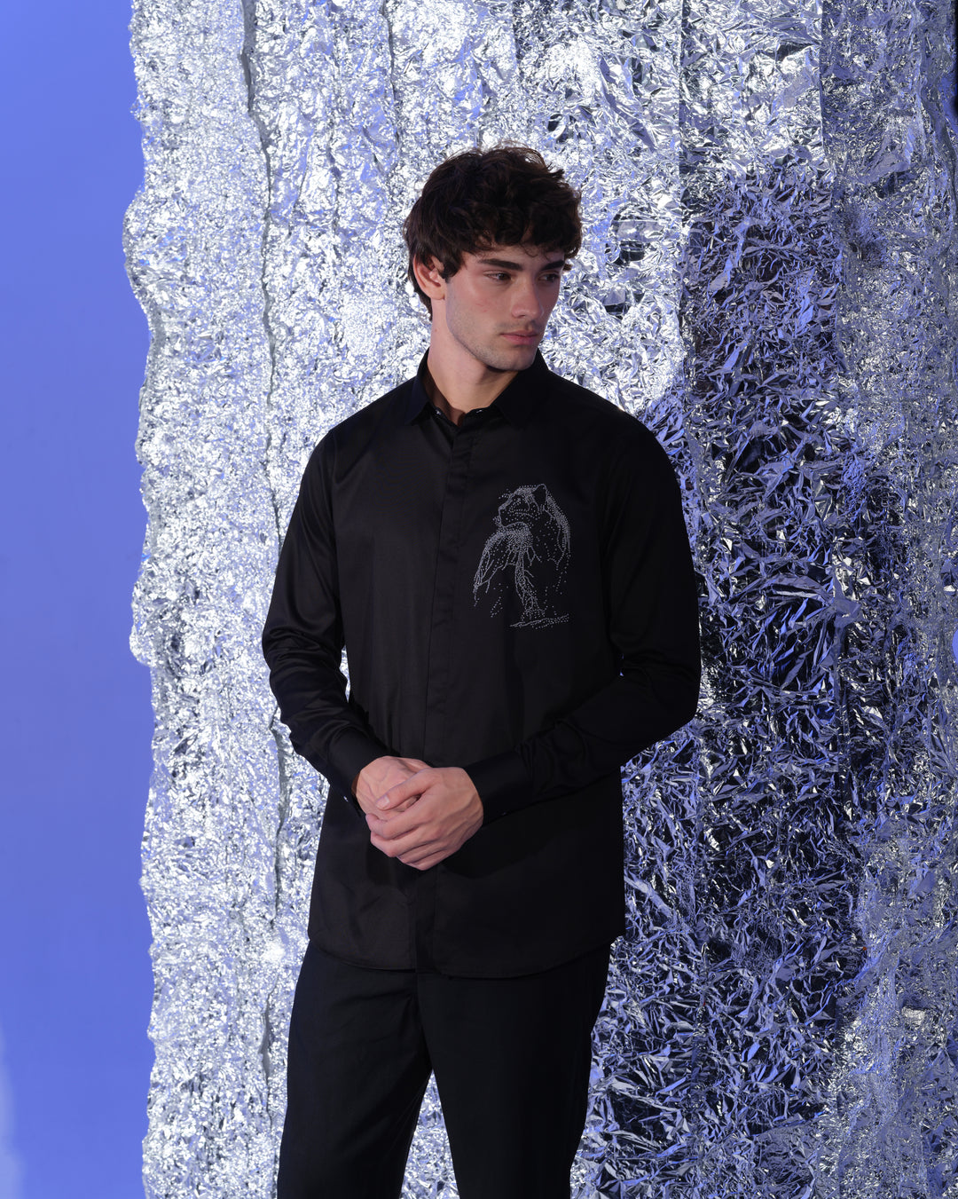 BLACK SHIRT WITH HAND EMBROIDERED SILVER PANTHER POCKET SQUARE