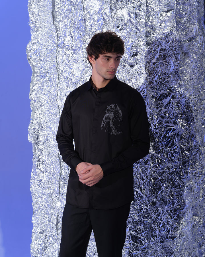BLACK SHIRT WITH HAND EMBROIDERED SILVER PANTHER POCKET SQUARE