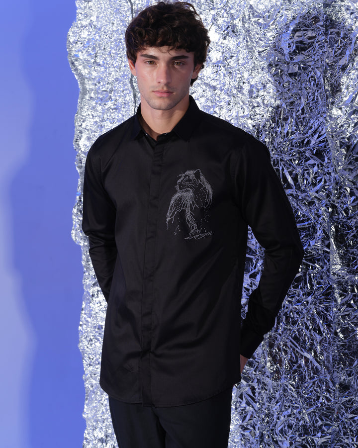 BLACK SHIRT WITH HAND EMBROIDERED SILVER PANTHER POCKET SQUARE