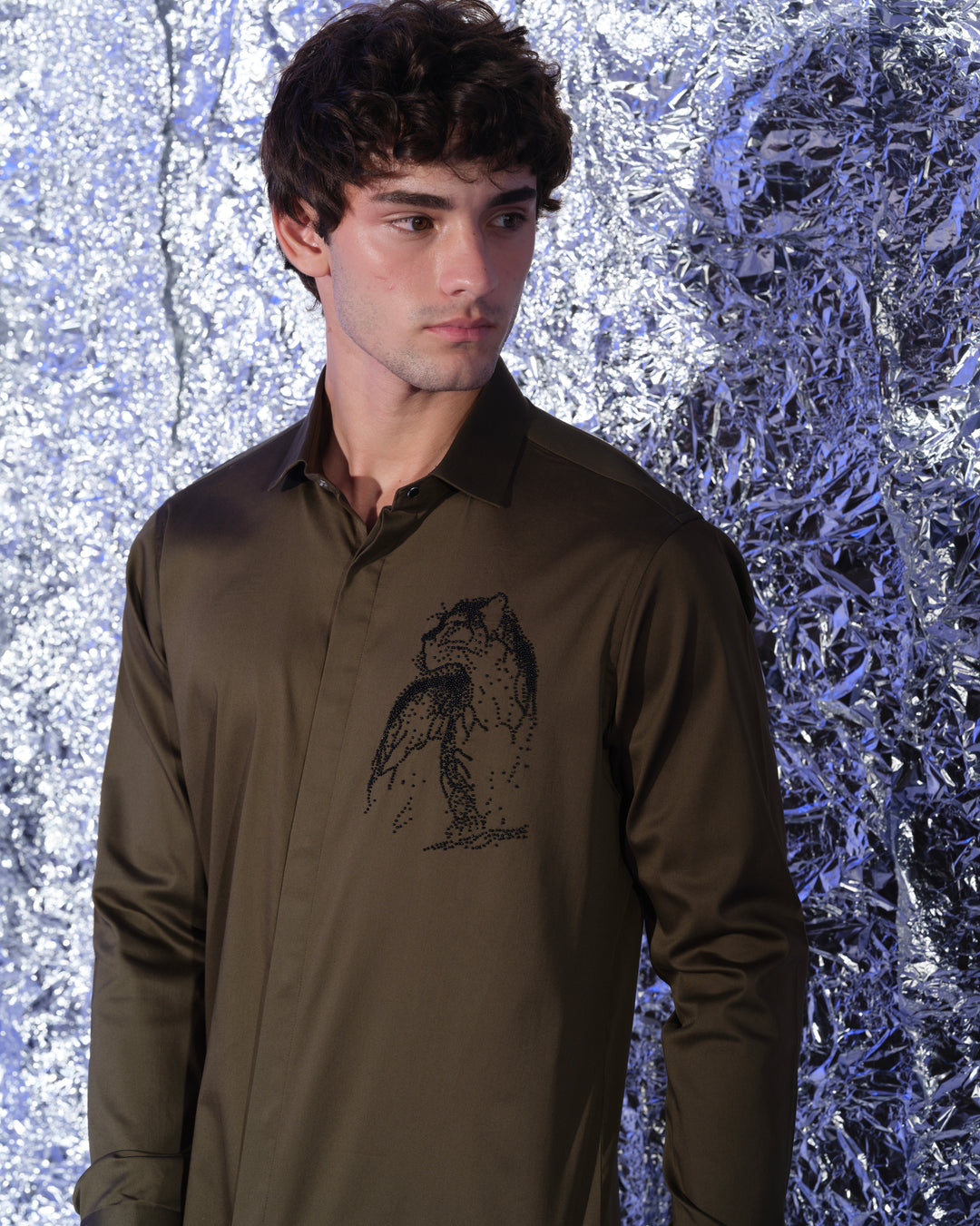 OLIVE GREEN SHIRT WITH HAND EMBROIDERED SILVER PANTHER POCKET SQUARE