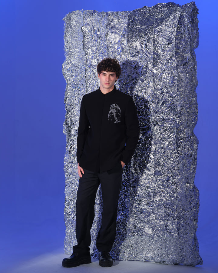 PANTHER POCKET SQUARE   ON BLACK BANDHGALA SET