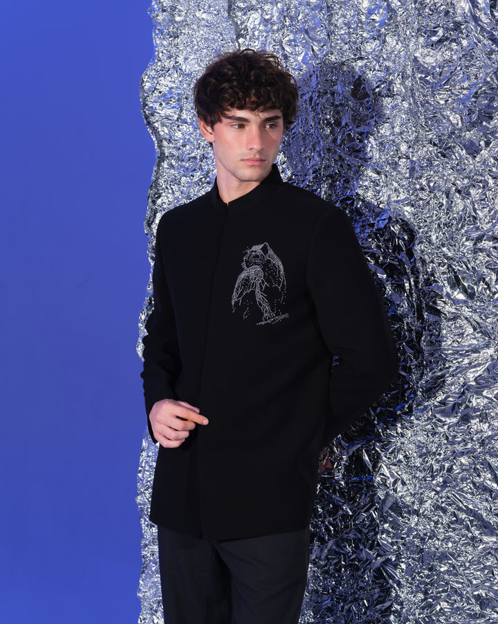 PANTHER POCKET SQUARE   ON BLACK BANDHGALA SET