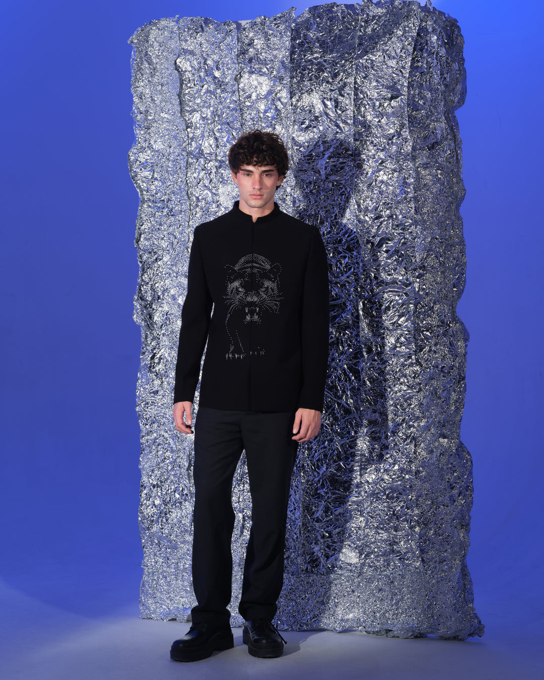 SILVER WALKING PANTHER ON CENTER  ON BLACK BANDHGALA SET