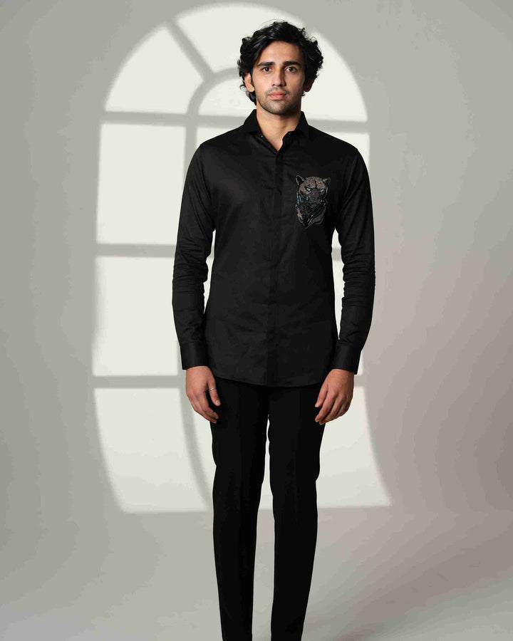 Black Shirt with 3D Panther with Blue Eyes on Pocket square