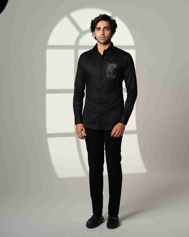 Black Shirt with 3D Panther with Blue Eyes on Pocket square