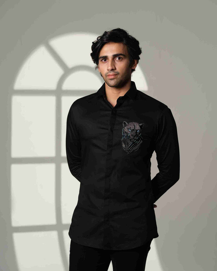 Black Shirt with 3D Panther with Blue Eyes on Pocket square