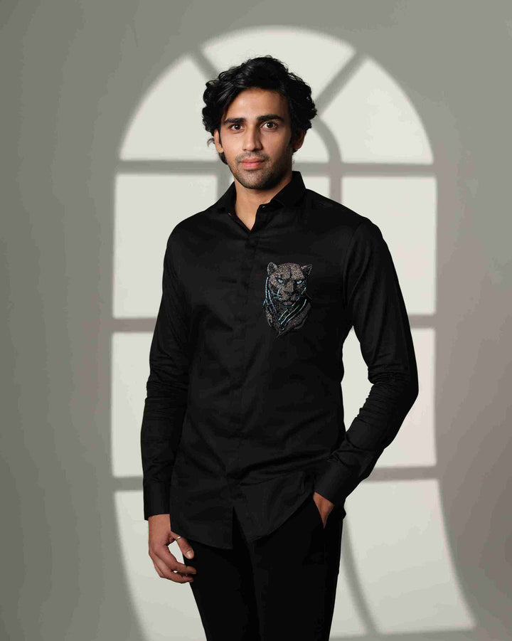 Black Shirt with 3D Panther with Blue Eyes on Pocket square