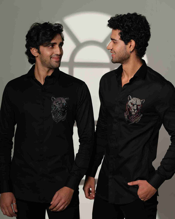 Black Shirt with 3D Panther with Red Eyes on Pocket square
