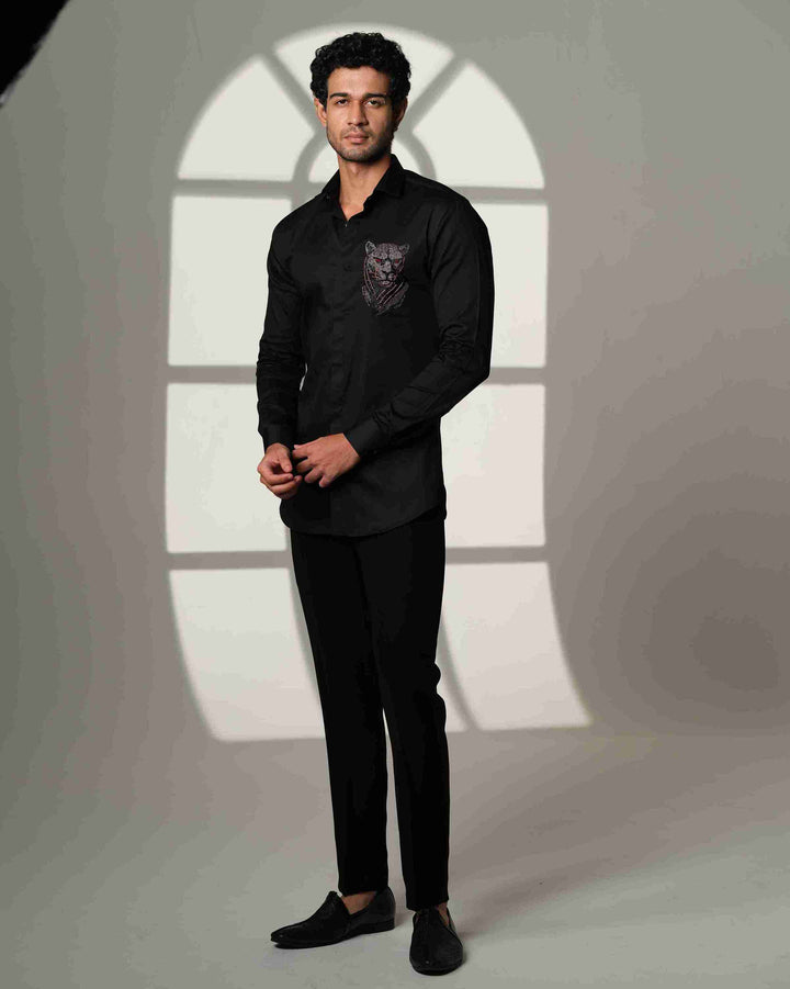 Black Shirt with 3D Panther with Red Eyes on Pocket square