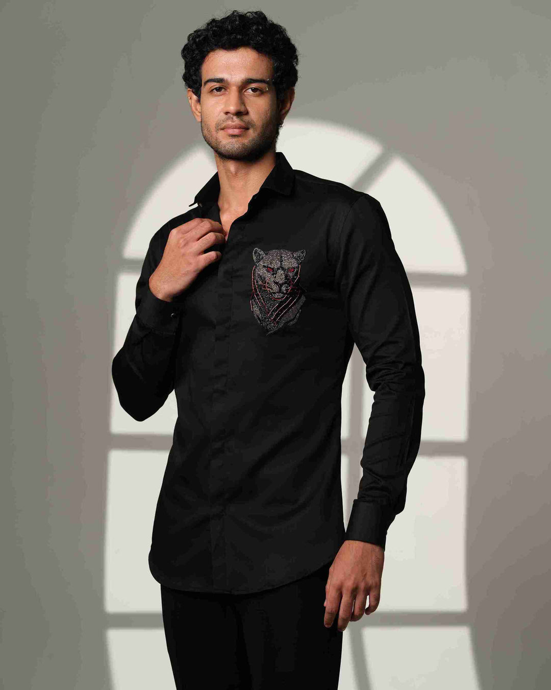 Black Shirt with 3D Panther with Red Eyes on Pocket square