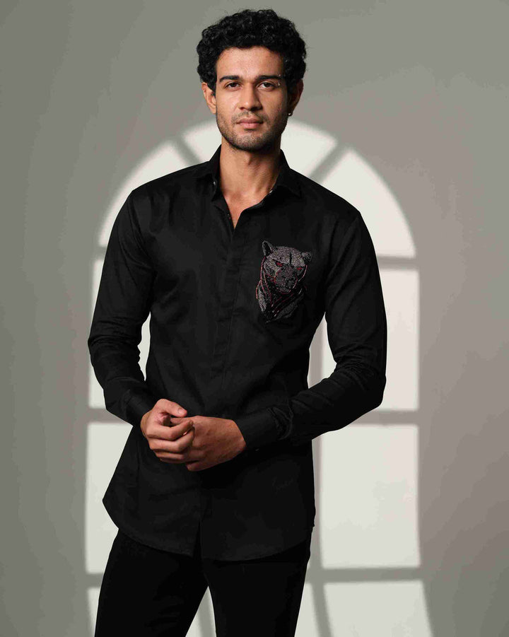 Black Shirt with 3D Panther with Red Eyes on Pocket square
