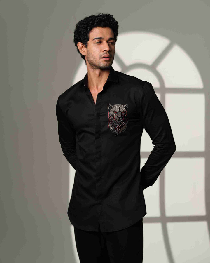 Black Shirt with 3D Panther with Red Eyes on Pocket square