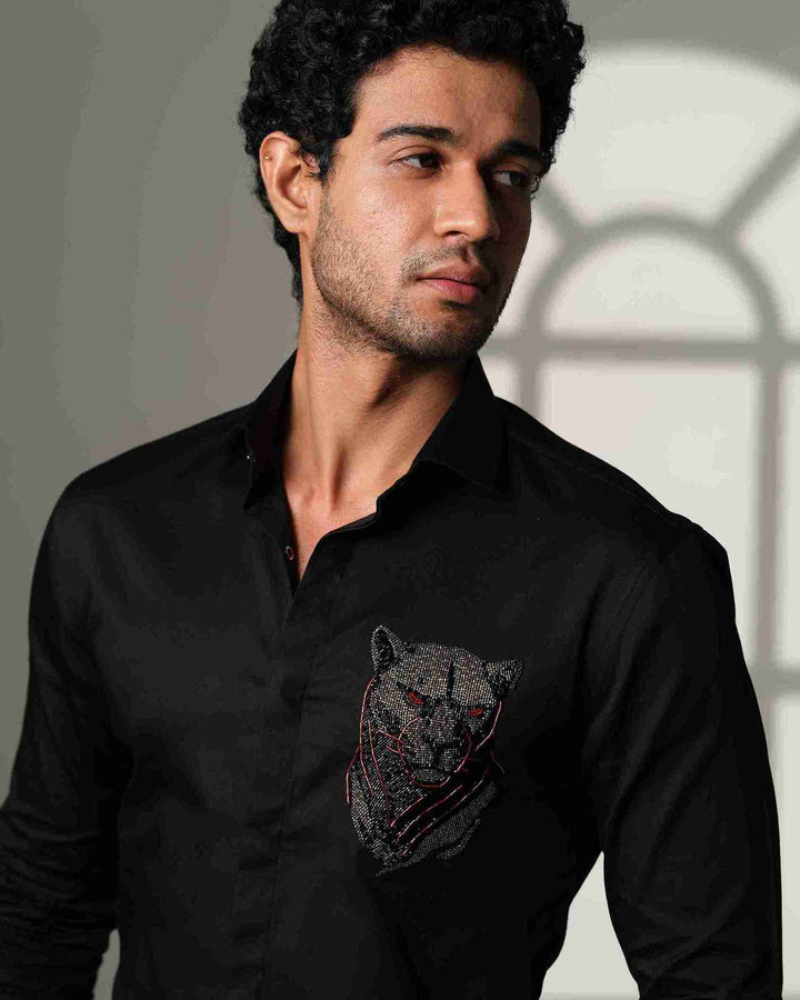 Black Shirt with 3D Panther with Red Eyes on Pocket square