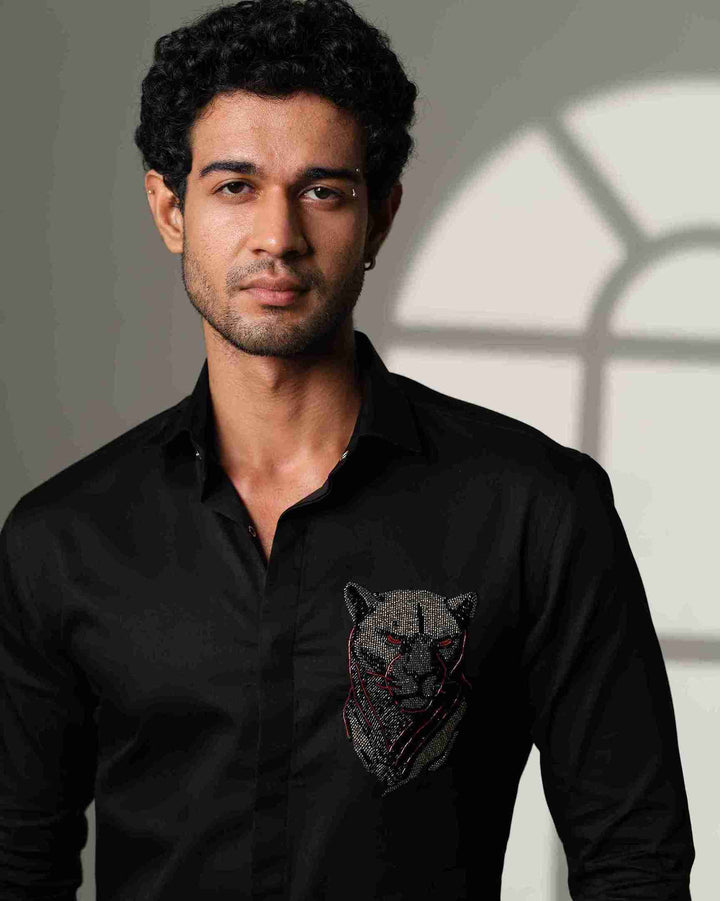 Black Shirt with 3D Panther with Red Eyes on Pocket square
