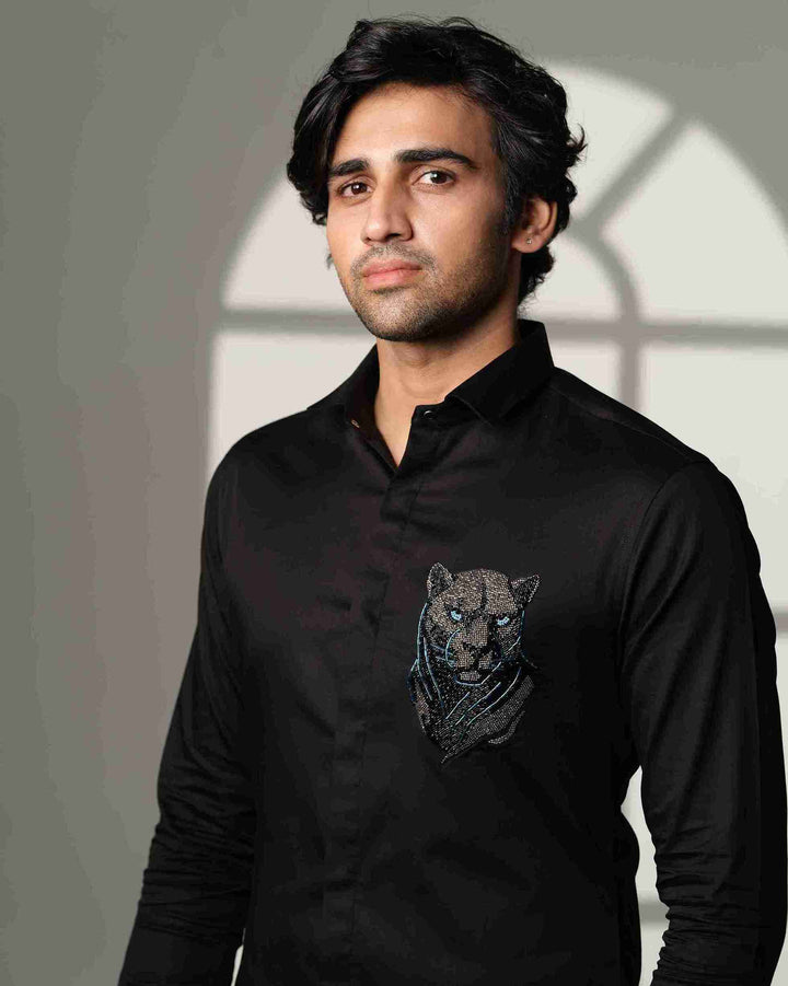 Black Shirt with 3D Panther with Blue Eyes on Pocket square