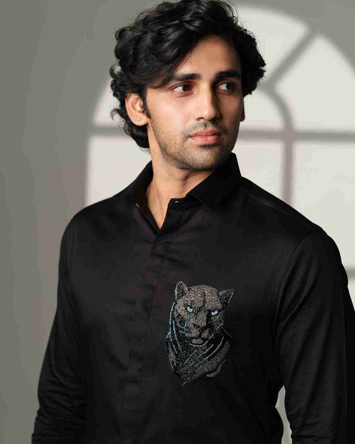Black Shirt with 3D Panther with Blue Eyes on Pocket square