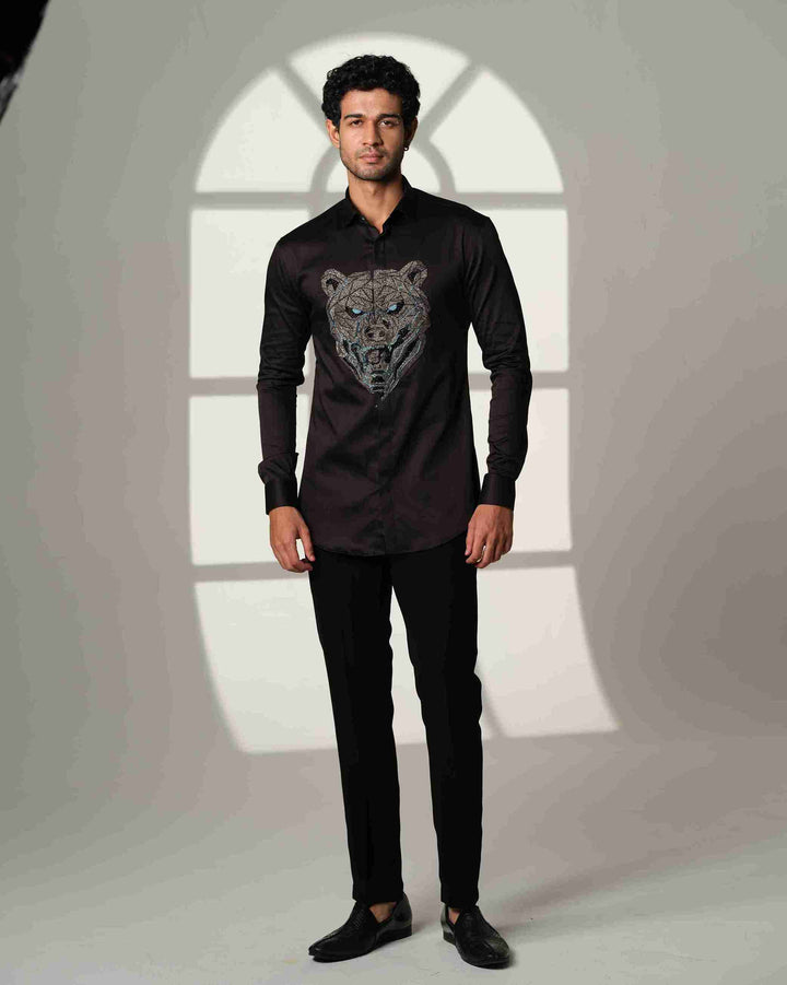 Black Shirt with Gun Metal Bear with Blue Eyes on Center
