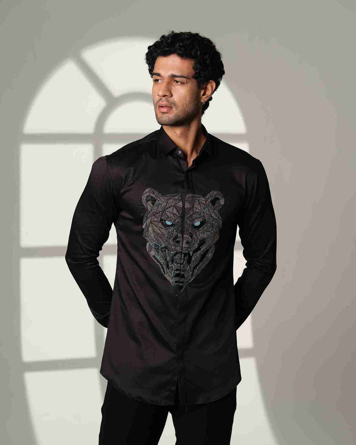 Black Shirt with Gun Metal Bear with Blue Eyes on Center