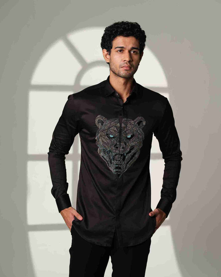 Black Shirt with Gun Metal Bear with Blue Eyes on Center