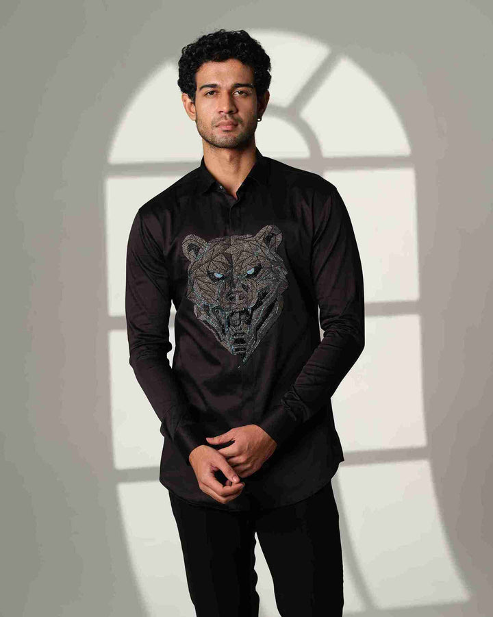 Black Shirt with Gun Metal Bear with Blue Eyes on Center