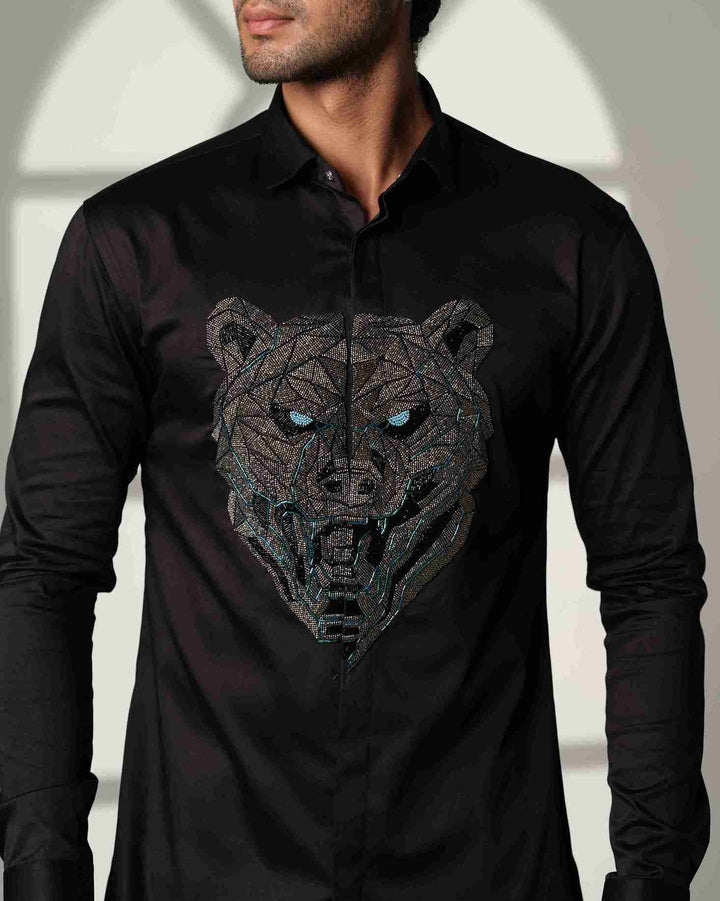 Black Shirt with Gun Metal Bear with Blue Eyes on Center